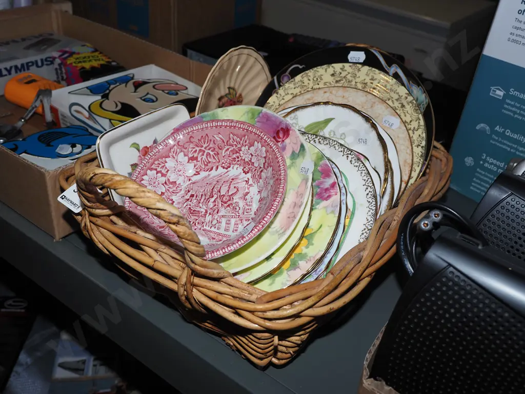 cane basket; plates, saucers, bowls Image 1++