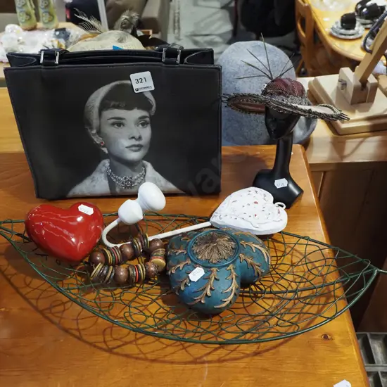 hand bag, jewellery stand, metal basket etc