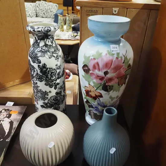 4x assorted vases - 1 is milk glass hand painted H410