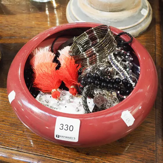 crimson float bowl and costume jewellery