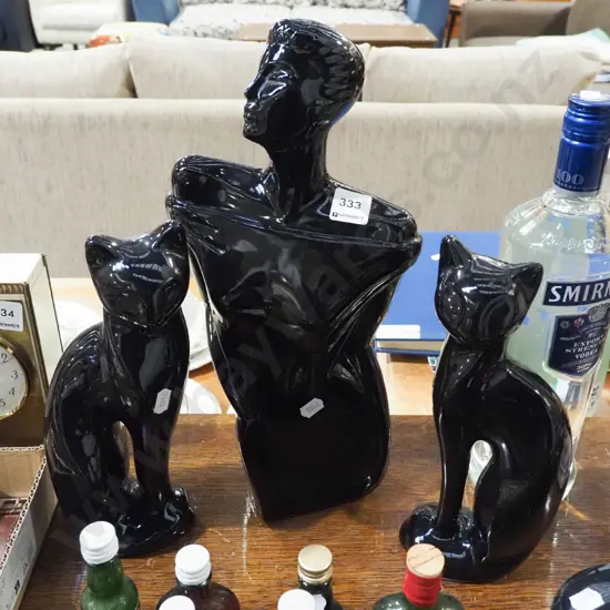black ceramic male torso figurine, 2x black cat figurines H360