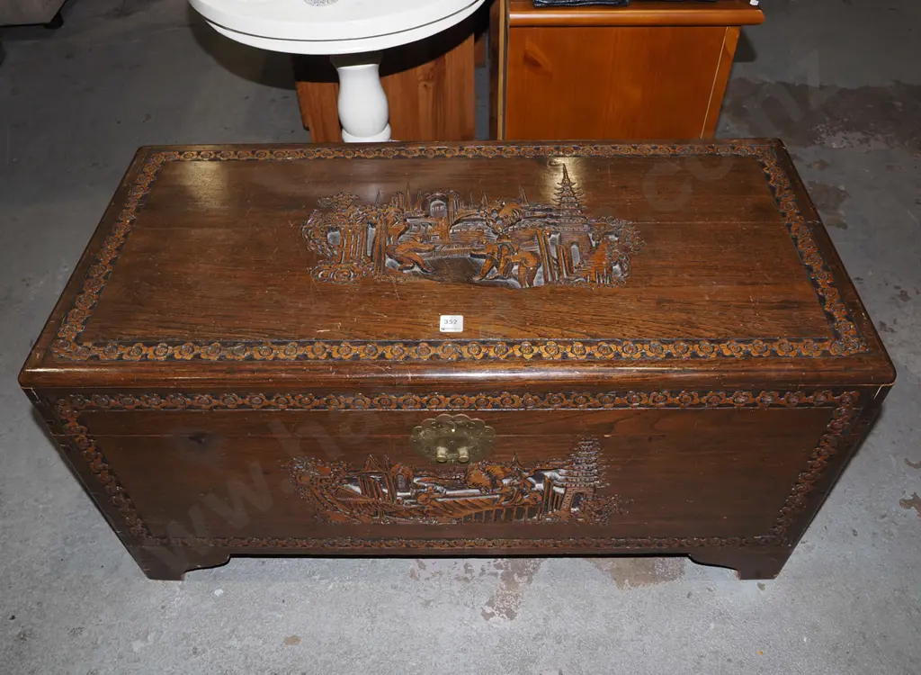 ornately carved camphorwood chest - lock needs attention H480 W940 D450 Image 1++