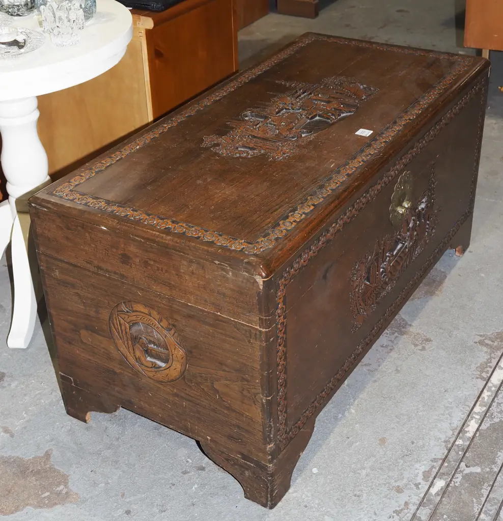 ornately carved camphorwood chest - lock needs attention H480 W940 D450 Image 1++
