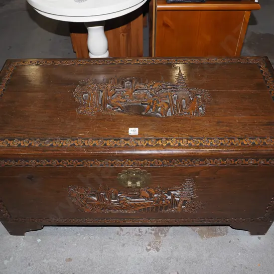 ornately carved camphorwood chest - lock needs attention H480 W940 D450