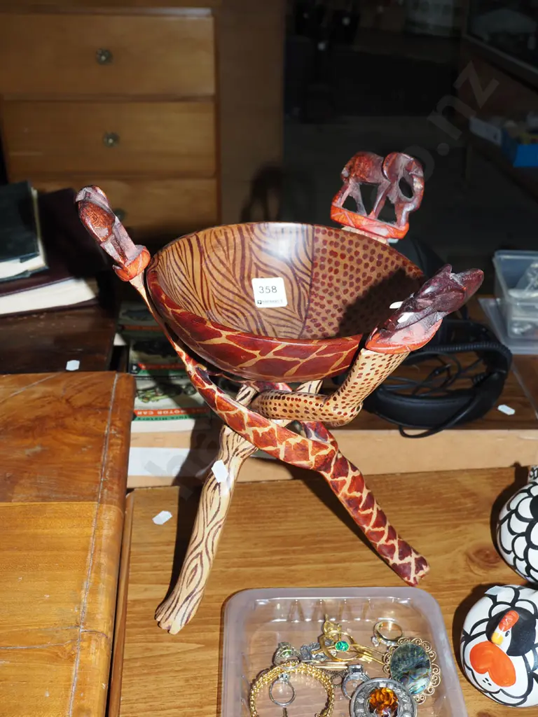 souvenir hand painted wooden bowl on tripod stand Image 1++