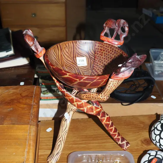 souvenir hand painted wooden bowl on tripod stand