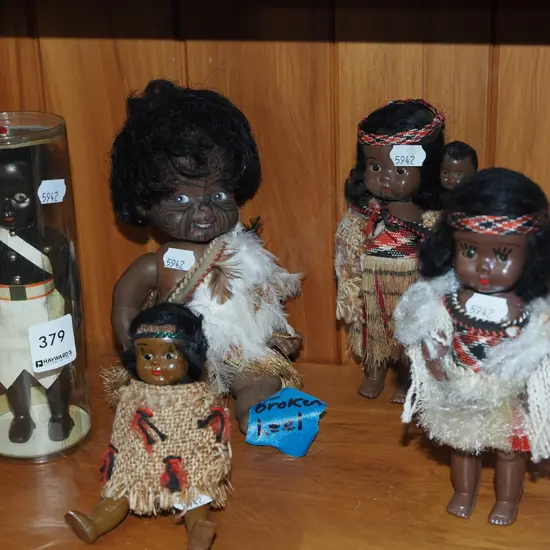 assorted Maori souvenir dolls, Fijiian souvenir doll