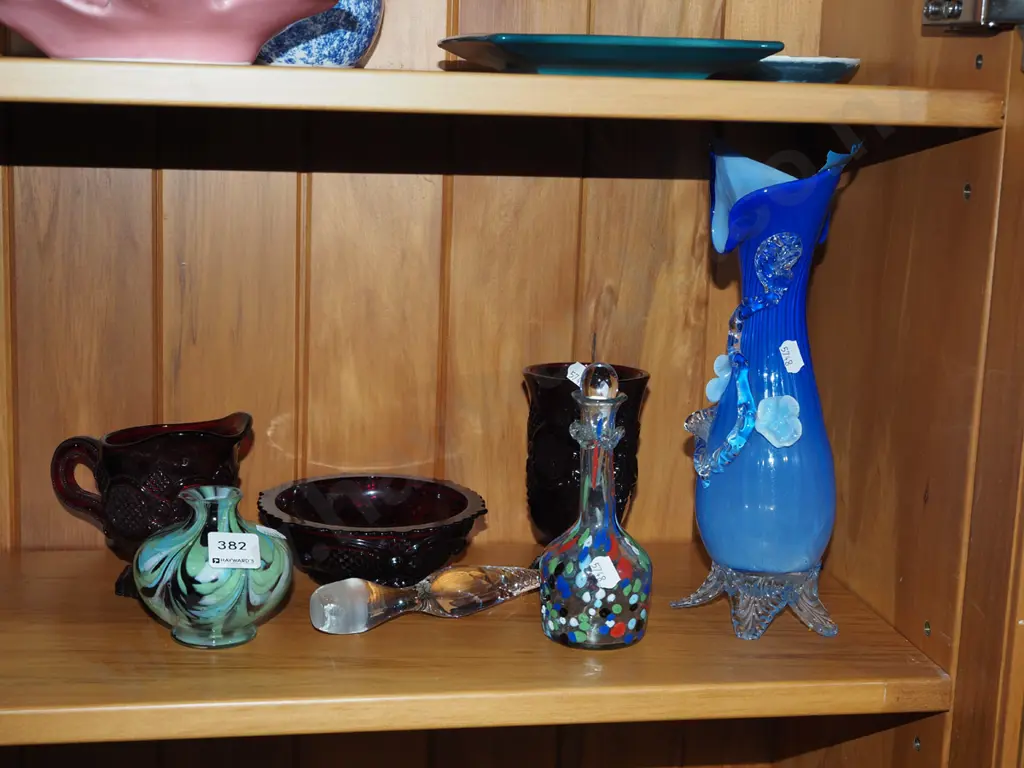 various glassware items; ruby glass creamer, sugar etc Vase H250 Image 1++