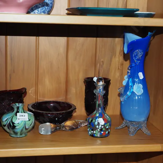 various glassware items; ruby glass creamer, sugar etc Vase H250