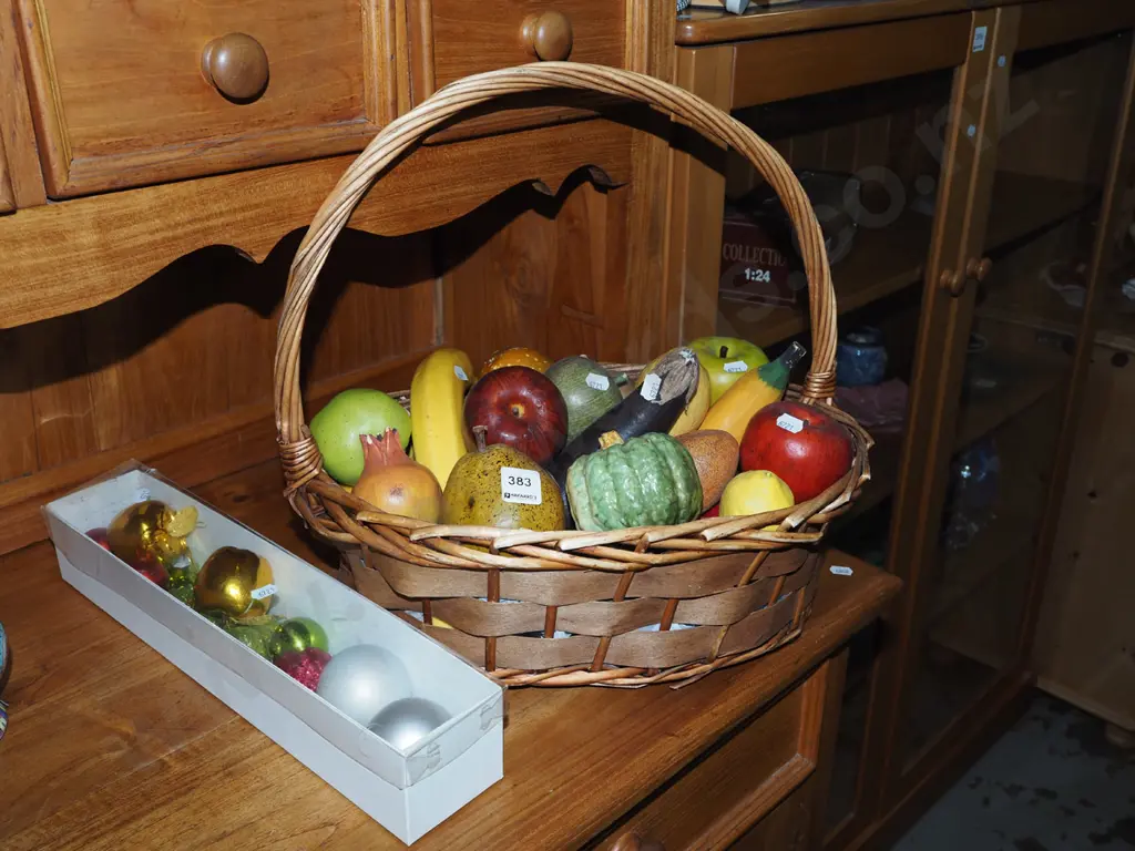 cane basket and faux fruit and vegetables, box of various Xmas tree decorations Image 1++