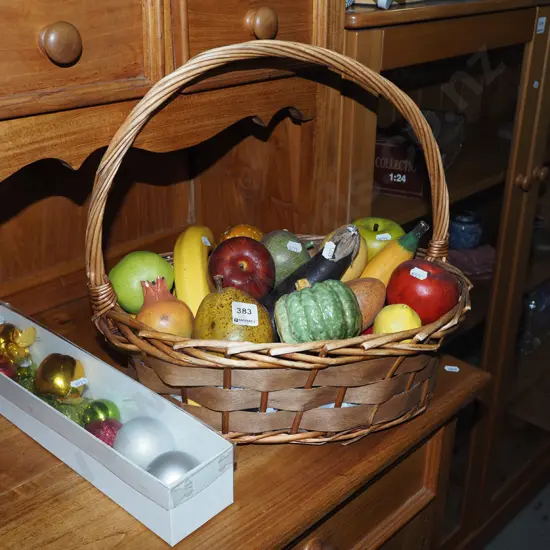 cane basket and faux fruit and vegetables, box of various Xmas tree decorations