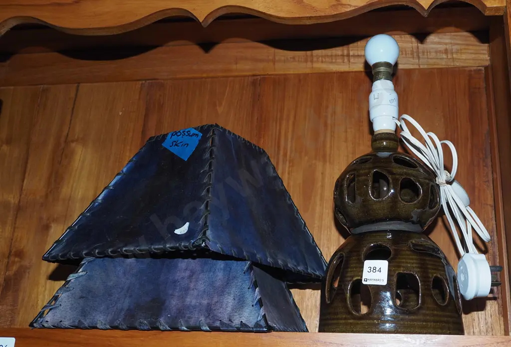 ceramic based table lamp, 2x blue possum skin light shades Image 1++