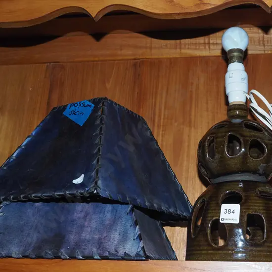 ceramic based table lamp, 2x blue possum skin light shades