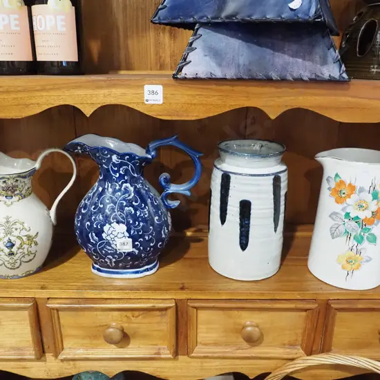 shelf; 3x water jugs, French country style vase