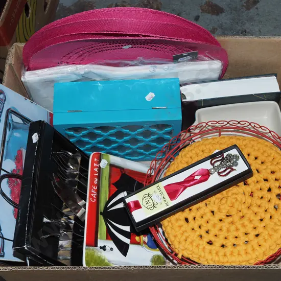 box; cutlery, placemats, bookmarks etc