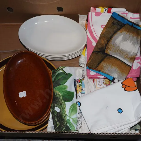box; linen tea towels, Crown Lynn plates