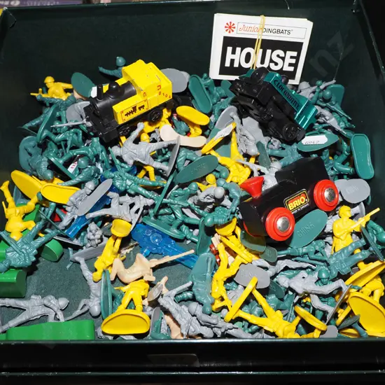box of plastic soldiers etc
