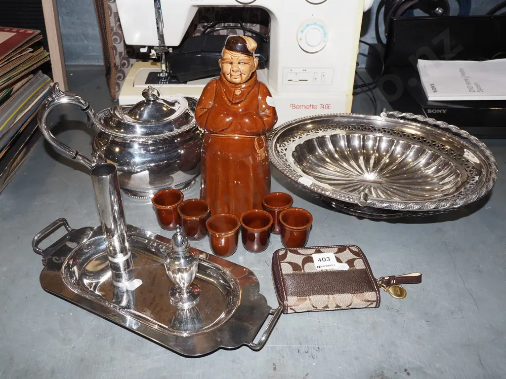 monk decanter and cups, plated teapot, footed basket tray etc Image 1++