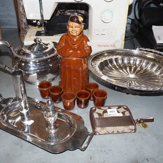 monk decanter and cups, plated teapot, footed basket tray etc