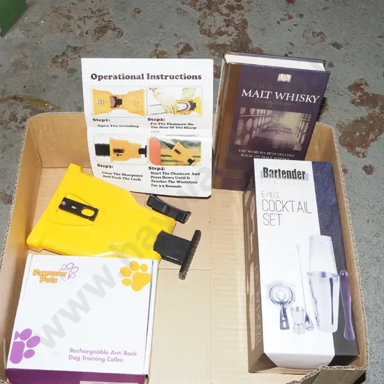 box; cocktail set, whisky book, dog training collar etc