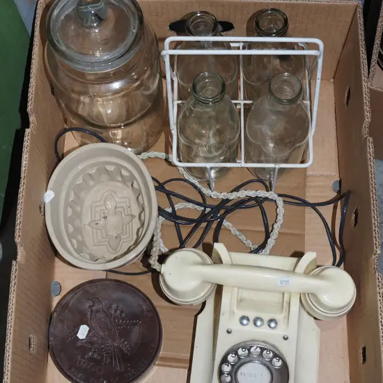 box; glass canister, milk bottles etc