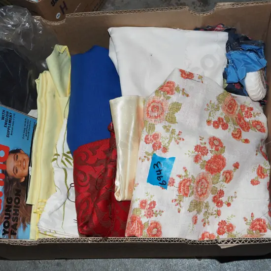 box of fabric pieces