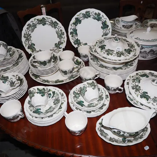 large assortment of Johnson Bros vintage grape pattern dinner items; plates, ashets etc