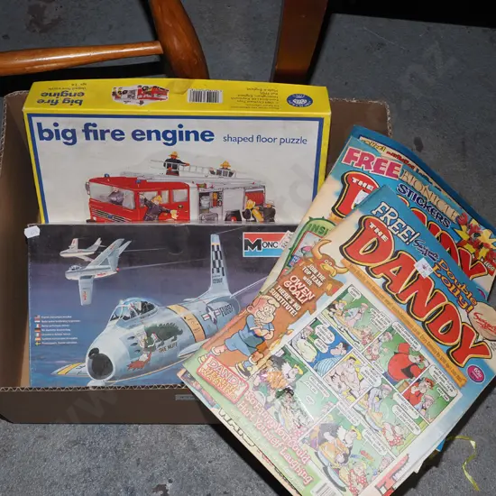 box; Dandy magazines, floor puzzle, yet to be assembled military aircraft plastic model kit