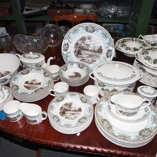 assorted Johnson Bros river scene items; soup tureens, teapots etc