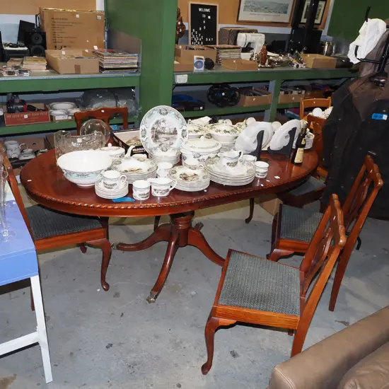 mahogany veneer pedestal extending dining table with 4 upholstered splat back chairs