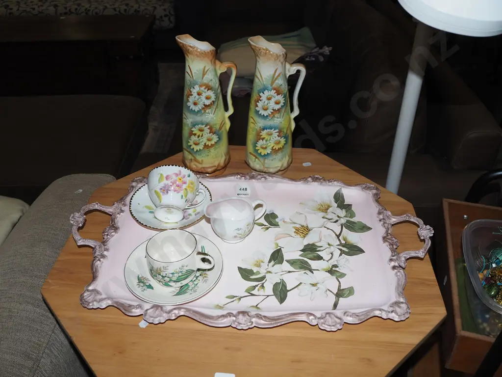 floral ornate magnolia decorated pressed metal tray, 2x hand painted ewer vases, cups, saucers, creamer Image 1++
