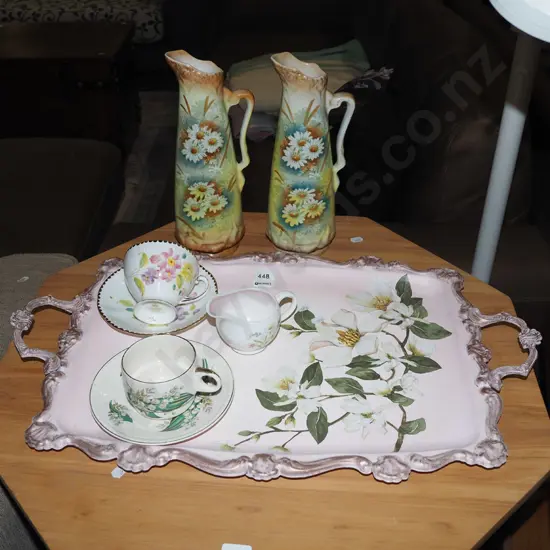 floral ornate magnolia decorated pressed metal tray, 2x hand painted ewer vases, cups, saucers, creamer