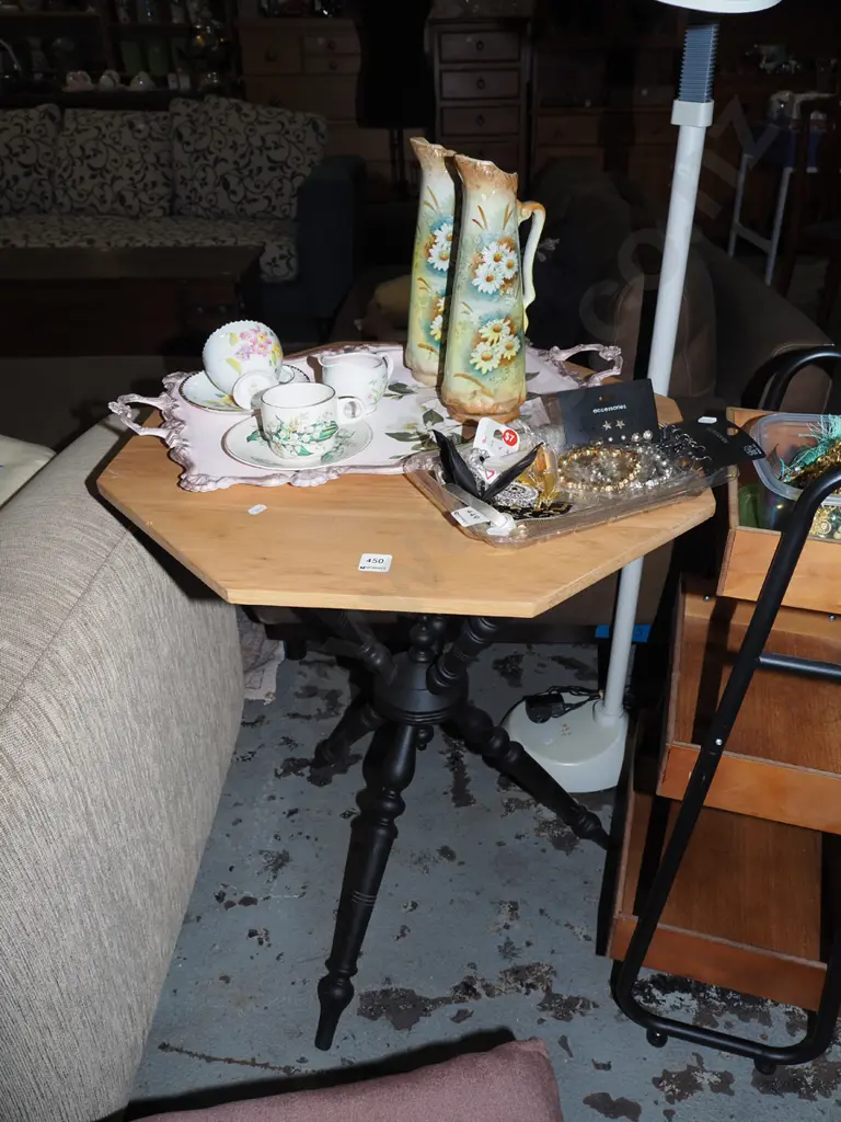 restored rimu octagonal lamp table with black painted turned large tripod base H690 W600 D600 Image 1++