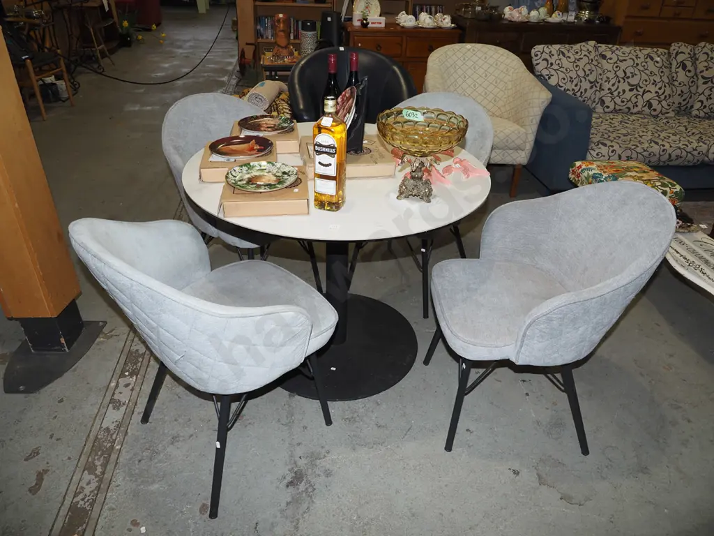 metal based white top dining table with 4 matching grey upholstered tub chairs Diam1000 Image 1++