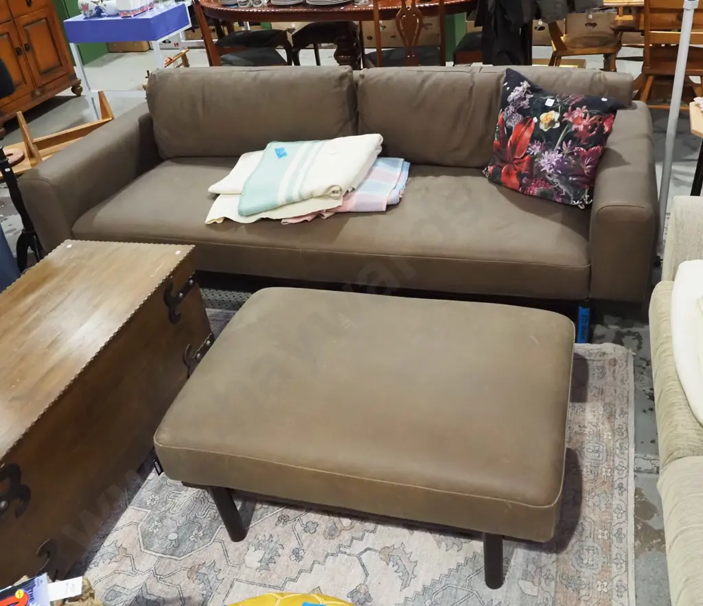 Freedom Furniture contemporary brown leather 3 seater chesterfield settee with matching footstool Image 1++