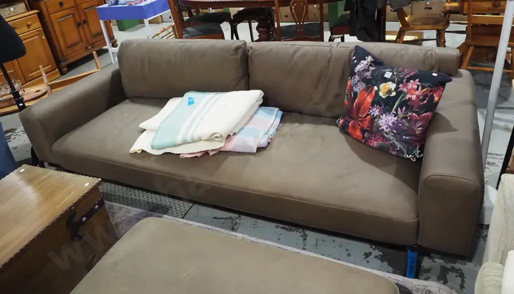 Freedom Furniture contemporary brown leather 3 seater chesterfield settee with matching footstool Image 1++