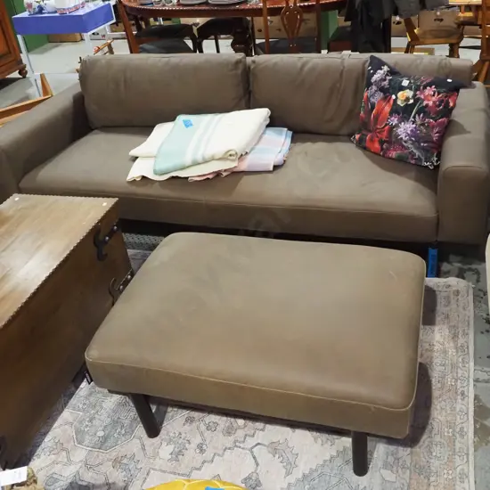 Freedom Furniture contemporary brown leather 3 seater chesterfield settee with matching footstool
