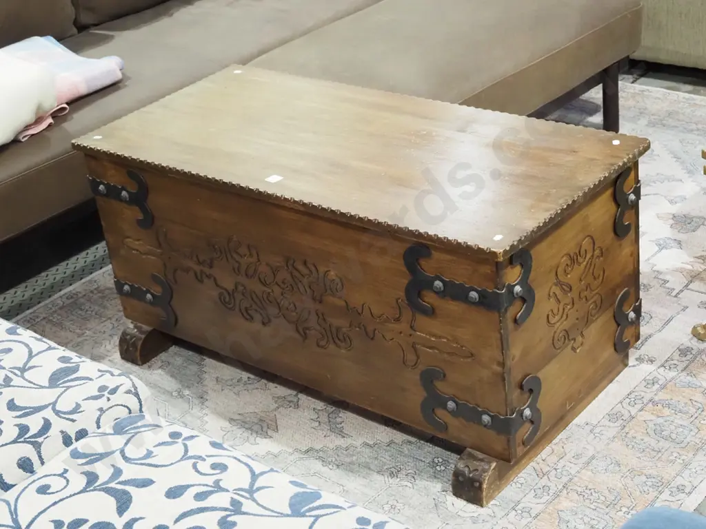 dark stained carved rimu blanket box with cast metal and lead nail brackets H490 W1040 D475 Image 1++