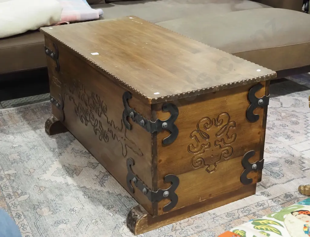 dark stained carved rimu blanket box with cast metal and lead nail brackets H490 W1040 D475 Image 1++