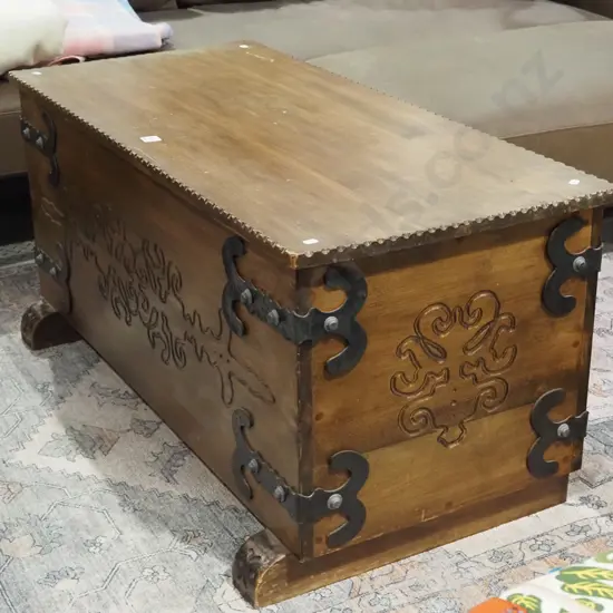 dark stained carved rimu blanket box with cast metal and lead nail brackets H490 W1040 D475