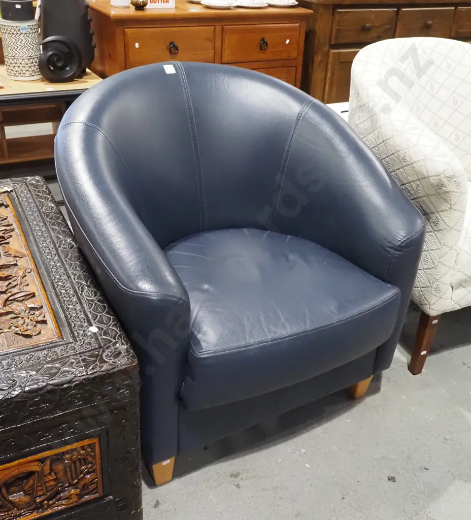 navy blue leather upholstered tub chair Image 1++