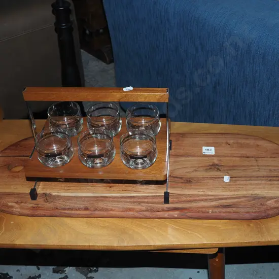 hardwood tray, wooden 6 glass retro drinks basket