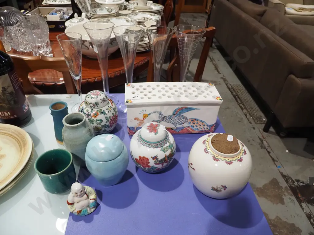 5x champagne flutes, 4x ginger jars, pottery lidded vase etc Image 1++