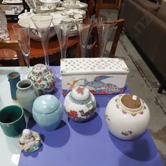 5x champagne flutes, 4x ginger jars, pottery lidded vase etc