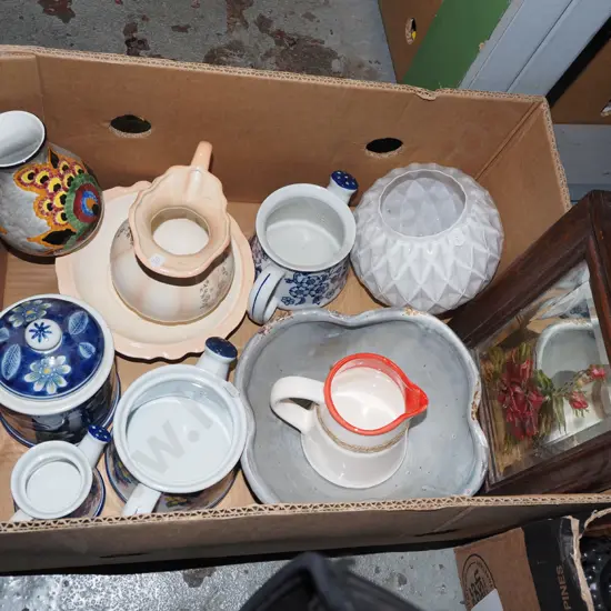 box; oak framed mirror with hand painted rose, jug, lidded canister etc