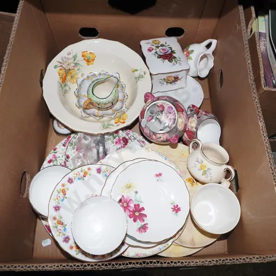 box; bowls, cups, saucers etc