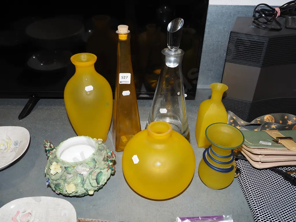 stoppered decanter, yellow glass vases, ornate floral bowl etc Decanter H340 Image 1++