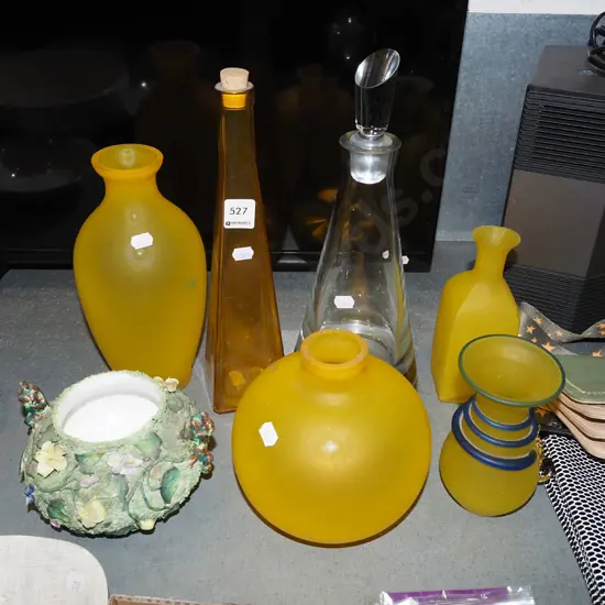 stoppered decanter, yellow glass vases, ornate floral bowl etc Decanter H340