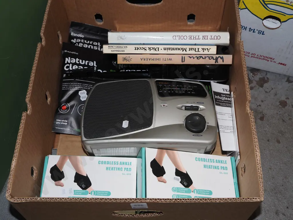 box; Teac radio, books, ankle heating pads, etc. Image 1++