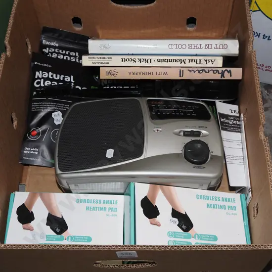 box; Teac radio, books, ankle heating pads, etc.